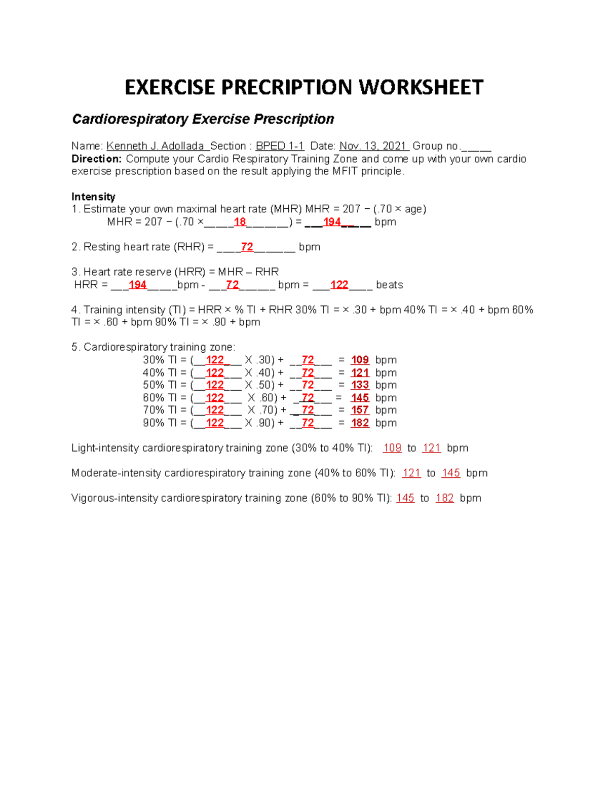 Exercise prescription worksheet EXERCISE PRECRIPTION WORKSHEET