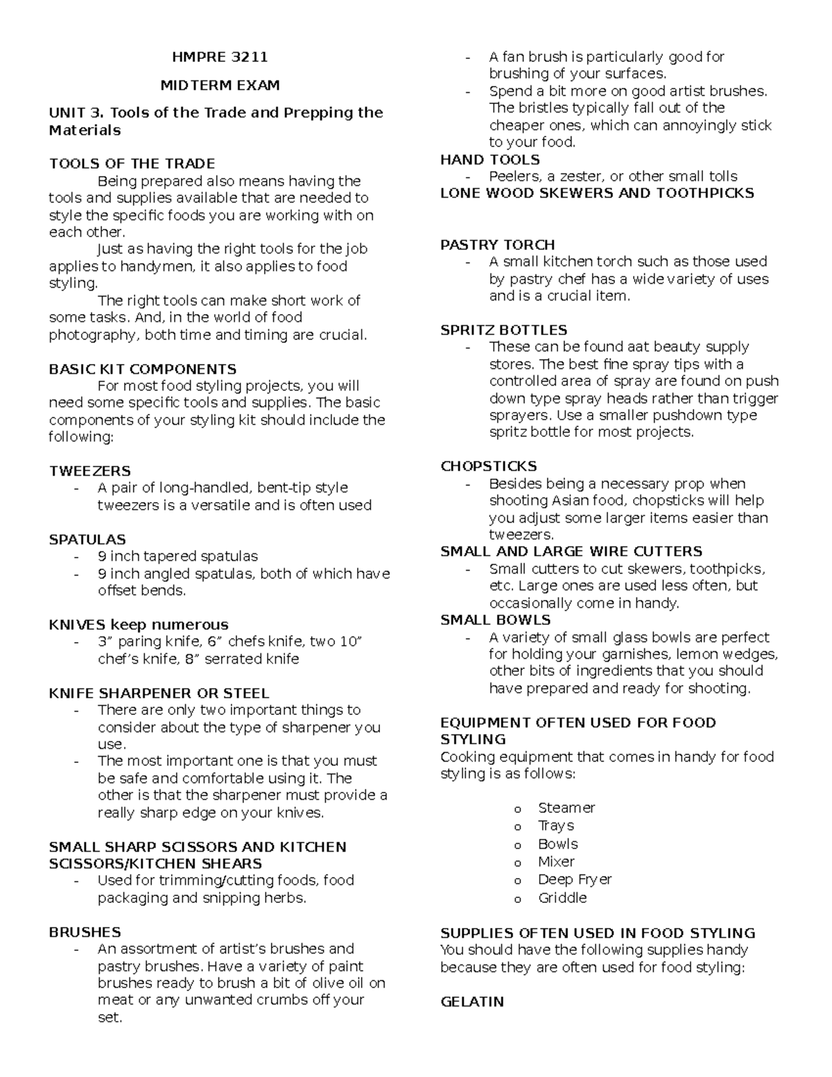 MID - FOOD Styling - HMPRE 3211 MIDTERM EXAM UNIT 3. Tools of the Trade ...