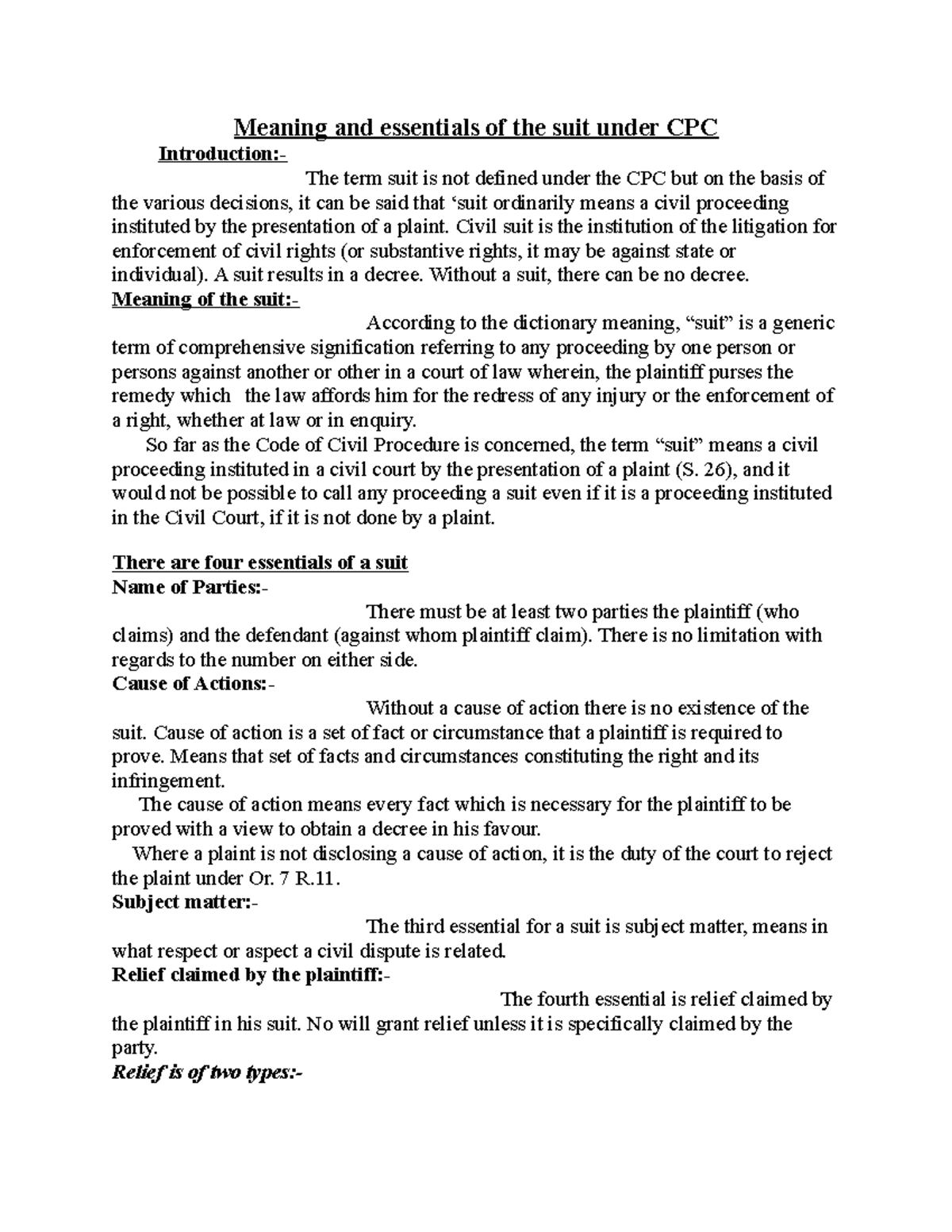 CPC notes Meaning and essentials of the suit under CPC
