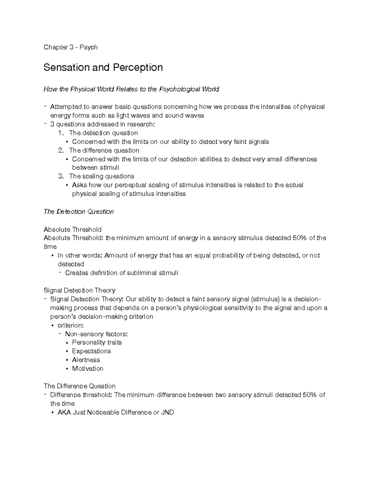 psychology chapter 3 sensation and perception test answers