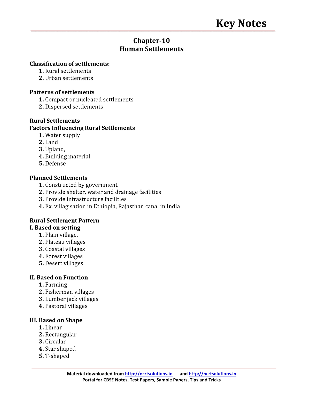 B1 12 Geography Key Notes Ch 10 Human Settlements - Material Downloaded ...