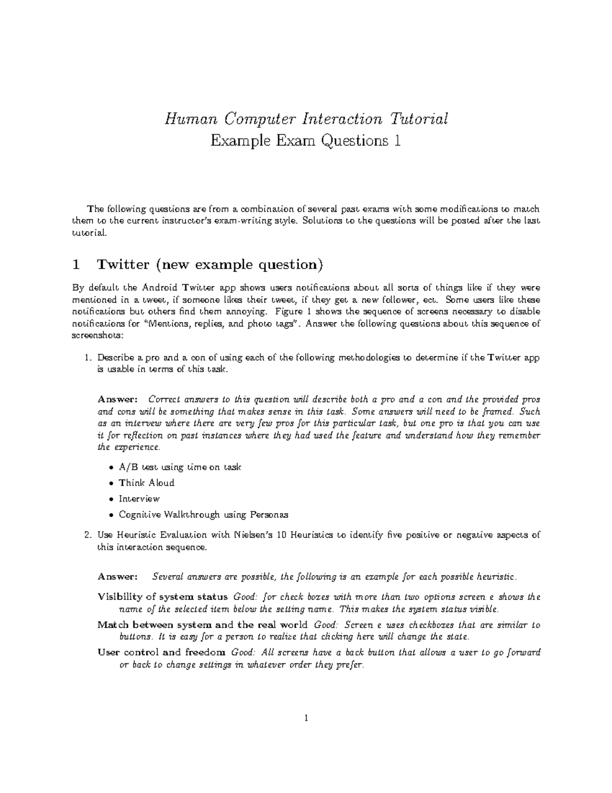 Example exam 1 answers hci Human Computer Interaction Tutorial