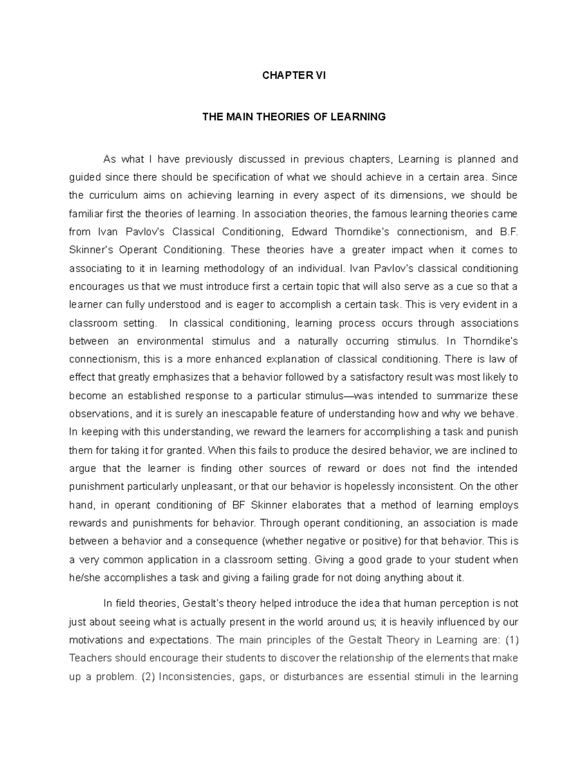 Chapter 6 - curriculum devt - CHAPTER VI THE MAIN THEORIES OF LEARNING ...