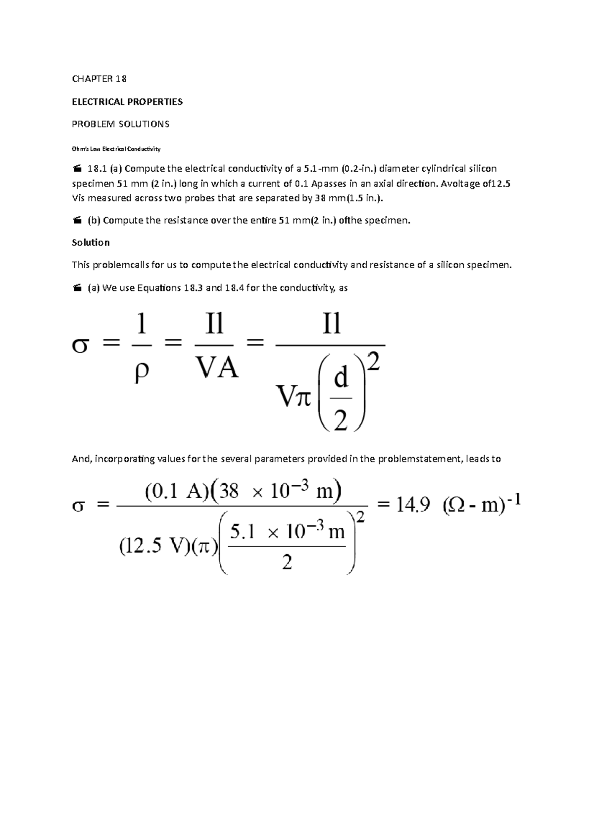 Chapter 18 CHAPTER 18 ELECTRICAL PROPERTIES PROBLEM SOLUTIONS Ohm’s