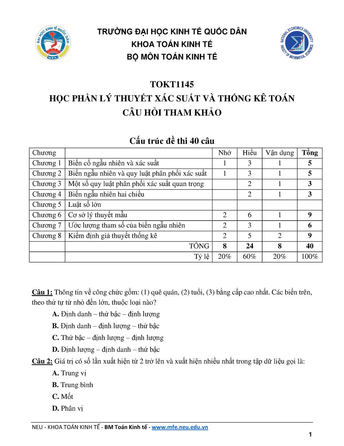 XSTK- Câu Hỏi Tham Khảo (V1) 2005 12 - NEU - KHOA TOÁN KINH TẾ - BM ...