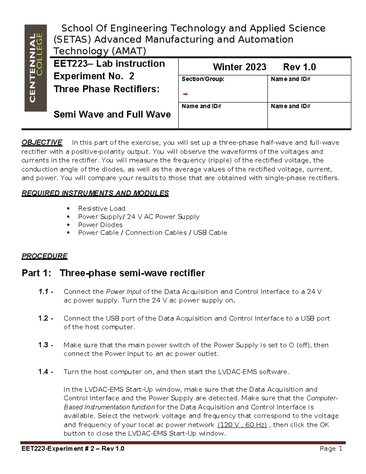 EET223-W23-EXP 2 - Three Phase Uncontrolled Rectifiers (1) - School Of ...