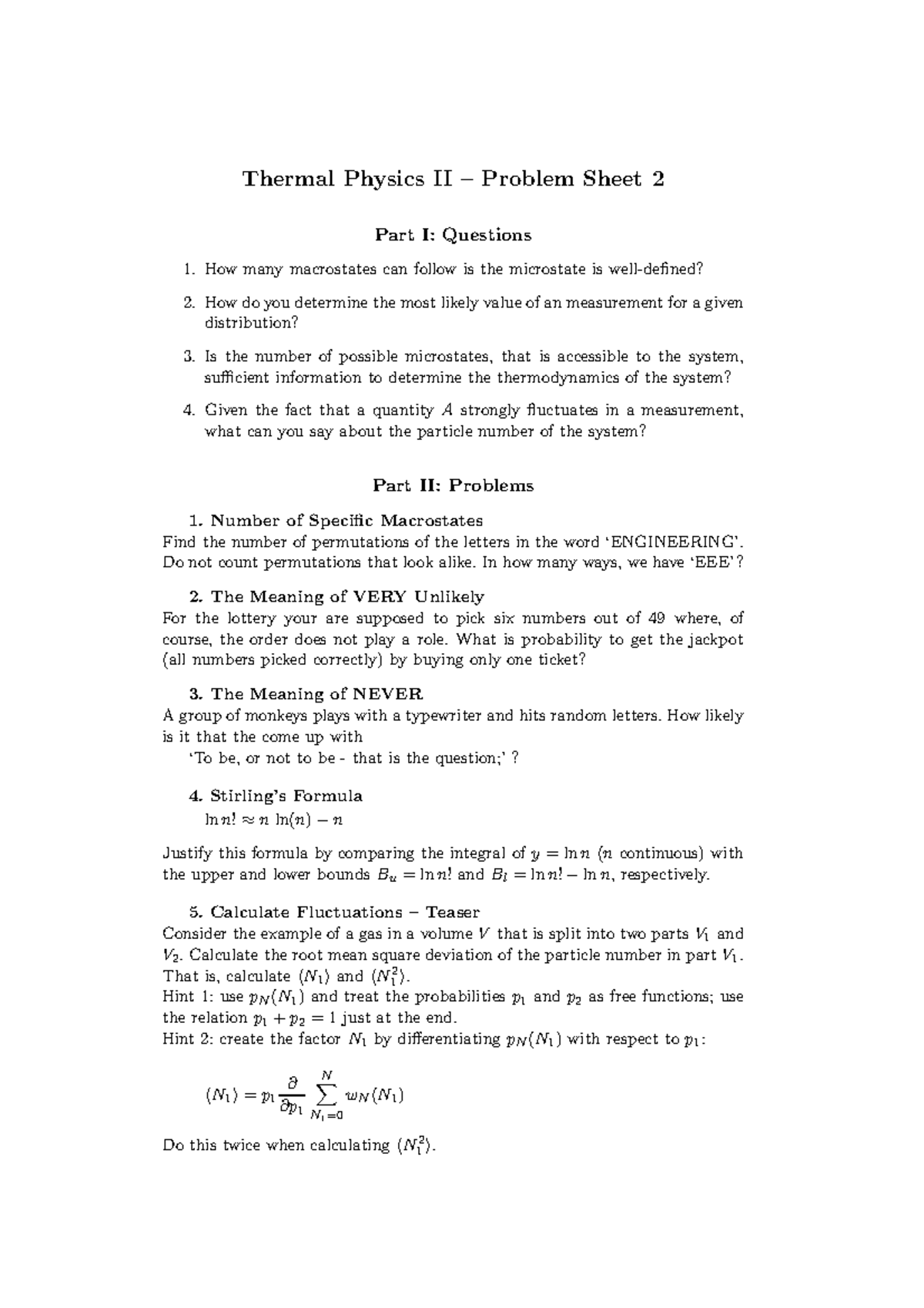 PX265 2012-2013 Problem Sheet 2 - Thermal Physics II – Problem Sheet 2 ...