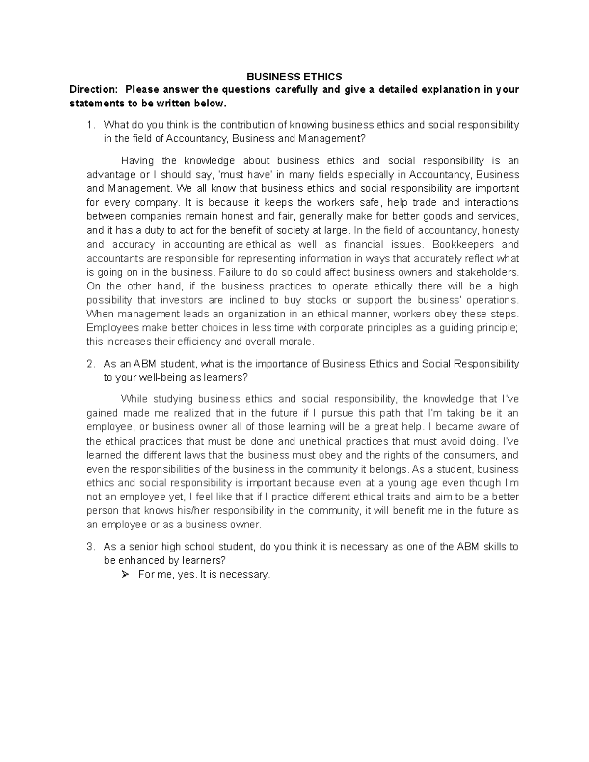 BUS.ETH - Lecture Notes - BUSINESS ETHICS Direction: Please answer the ...