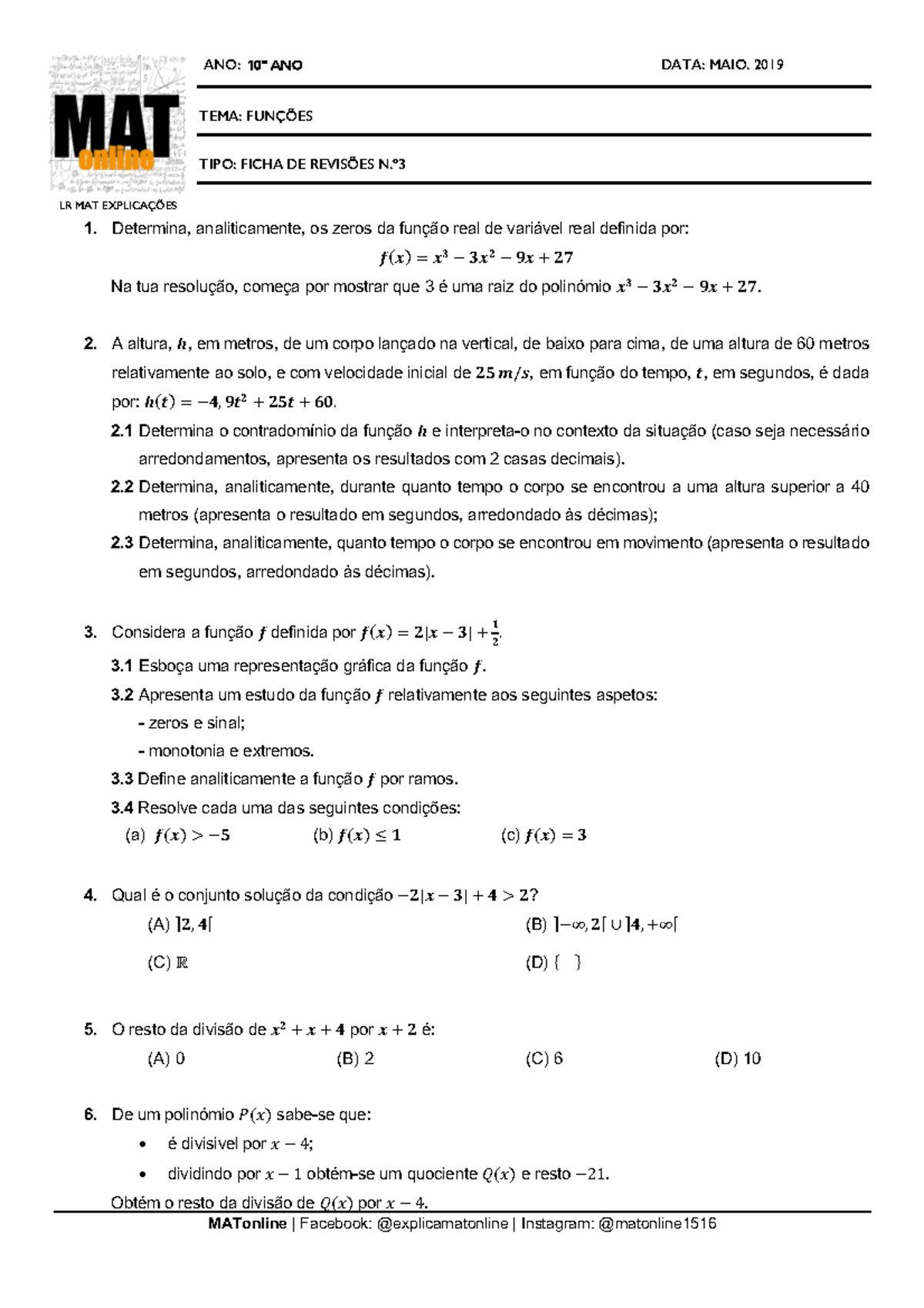 Fr8 Radicais Algebra Funcoes Ano 10 º Ano Data Maio 2019 Tema