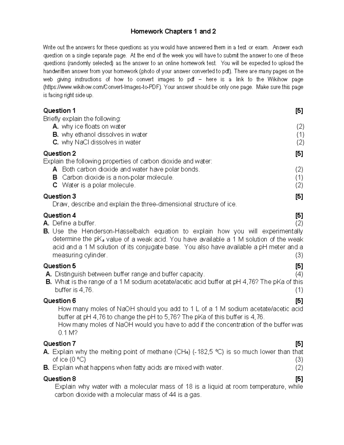 Homework Chapters 1 & 2 for biochemistry on intermolecular bonds ...