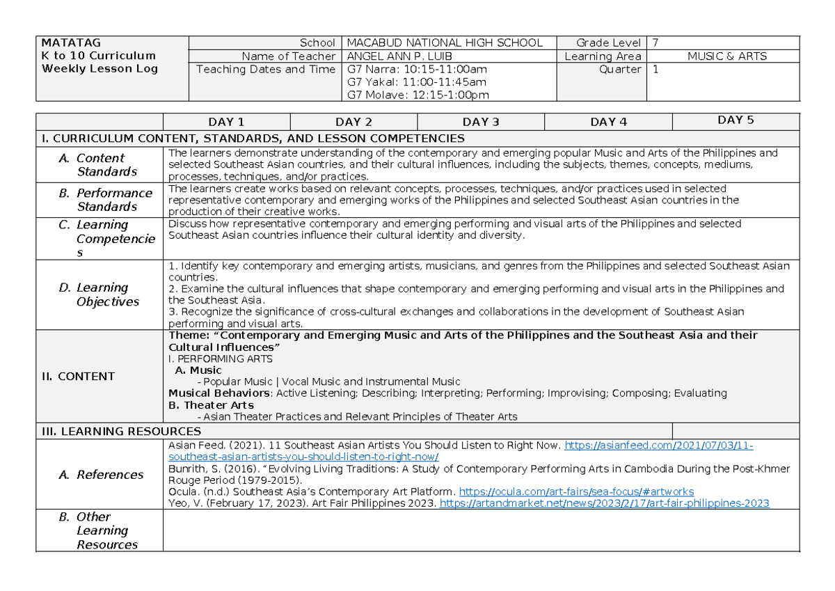 Matatag Lesson Exemplar - MATATAG K to 10 Curriculum Weekly Lesson Log ...