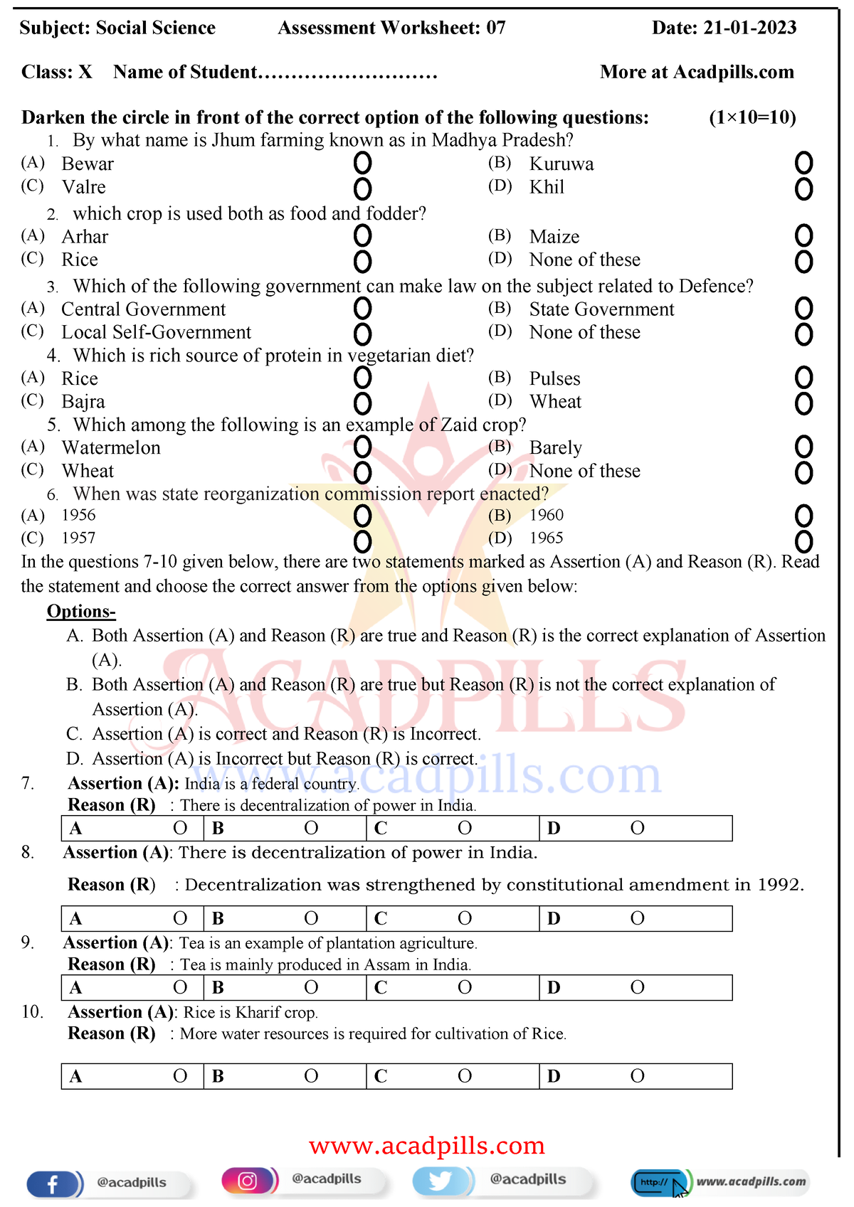 SST Subject Social Science Assessment Worksheet 07 Date 18 10 2021