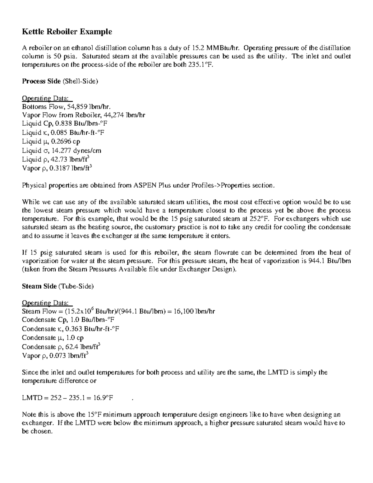 Kettle Reboiler Example Solution Kettle Reboiler Example A reboiler