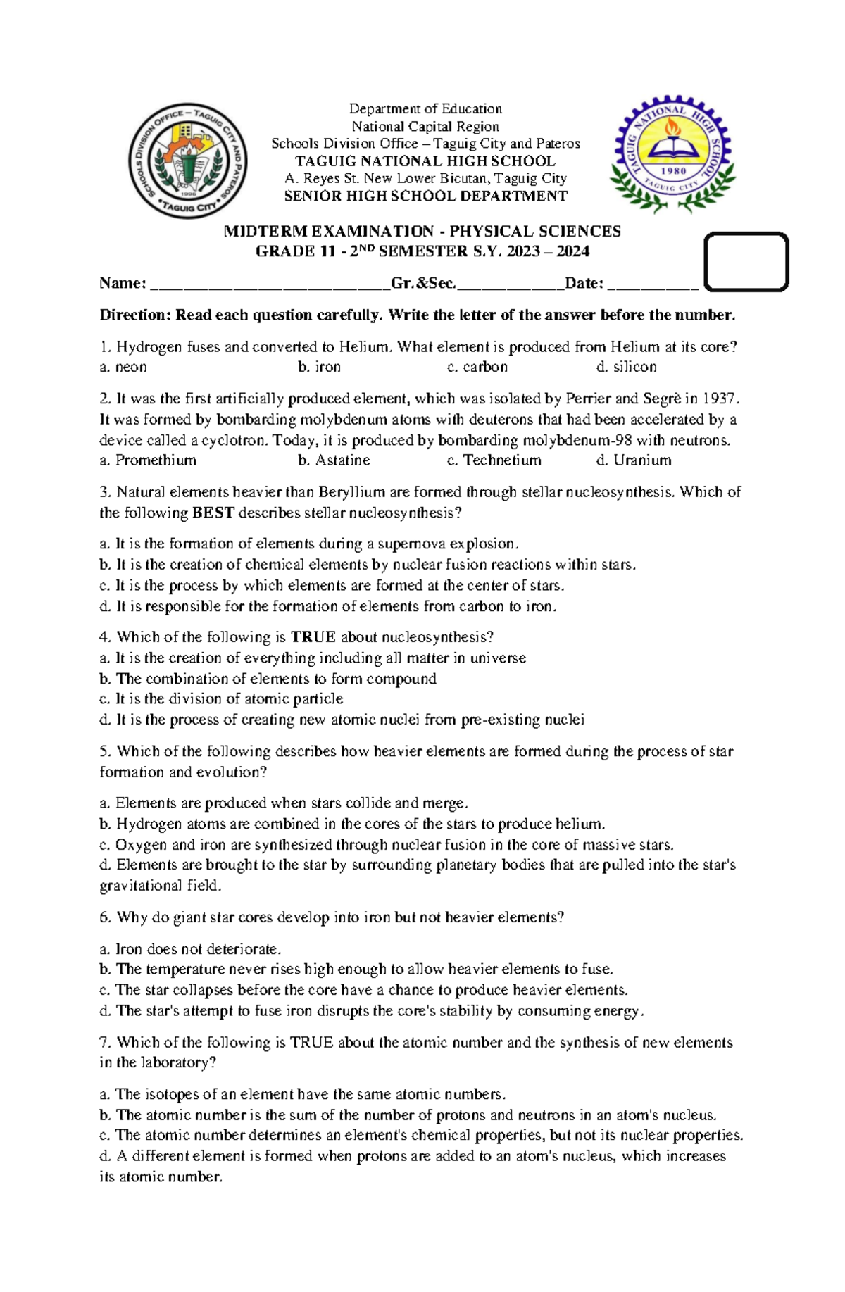 Grade 11 Midterms ( Physical Science) Department of Education
