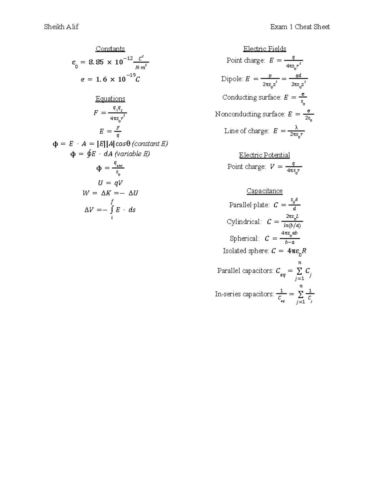 PHYS208 - Exam 1 Study Guide - Sheikh Alif Exam 1 Cheat Sheet Constants ...