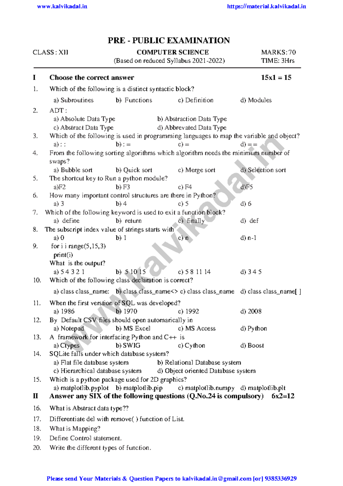 12th CS Pre Public Model QP - PRE - PUBLIC EXAMINATION CLASS : XII ...