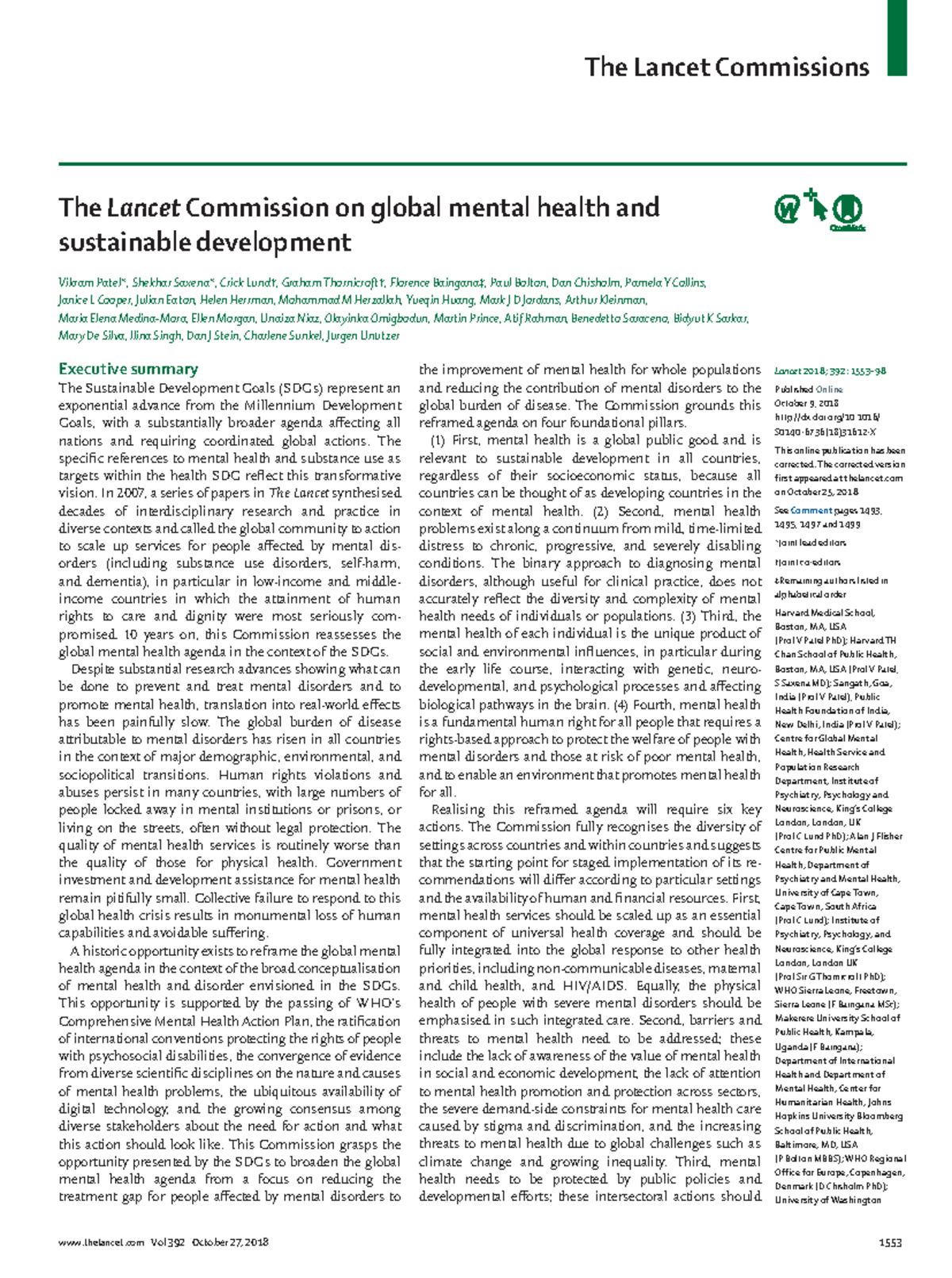 The lancet mental health The Lancet Commission on global mental