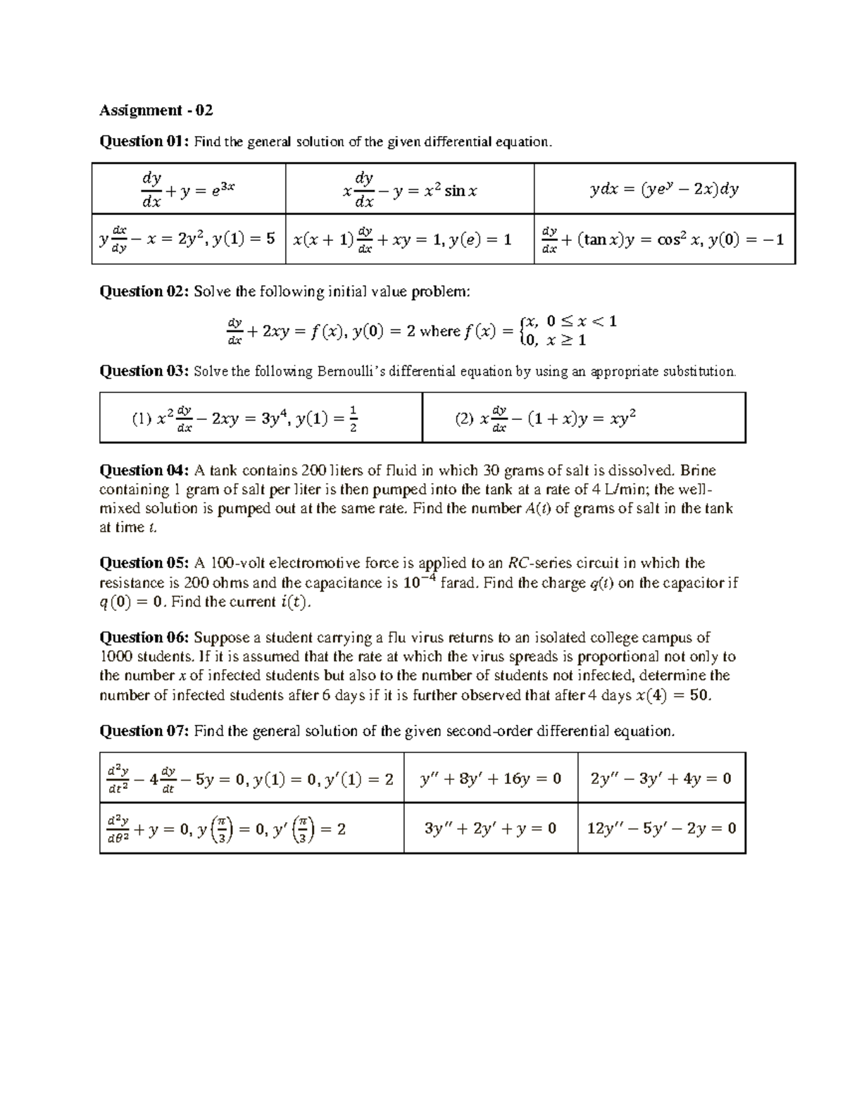 Assignmen-02 - First order linear ODE's - Assignment - 02 Question 01 ...