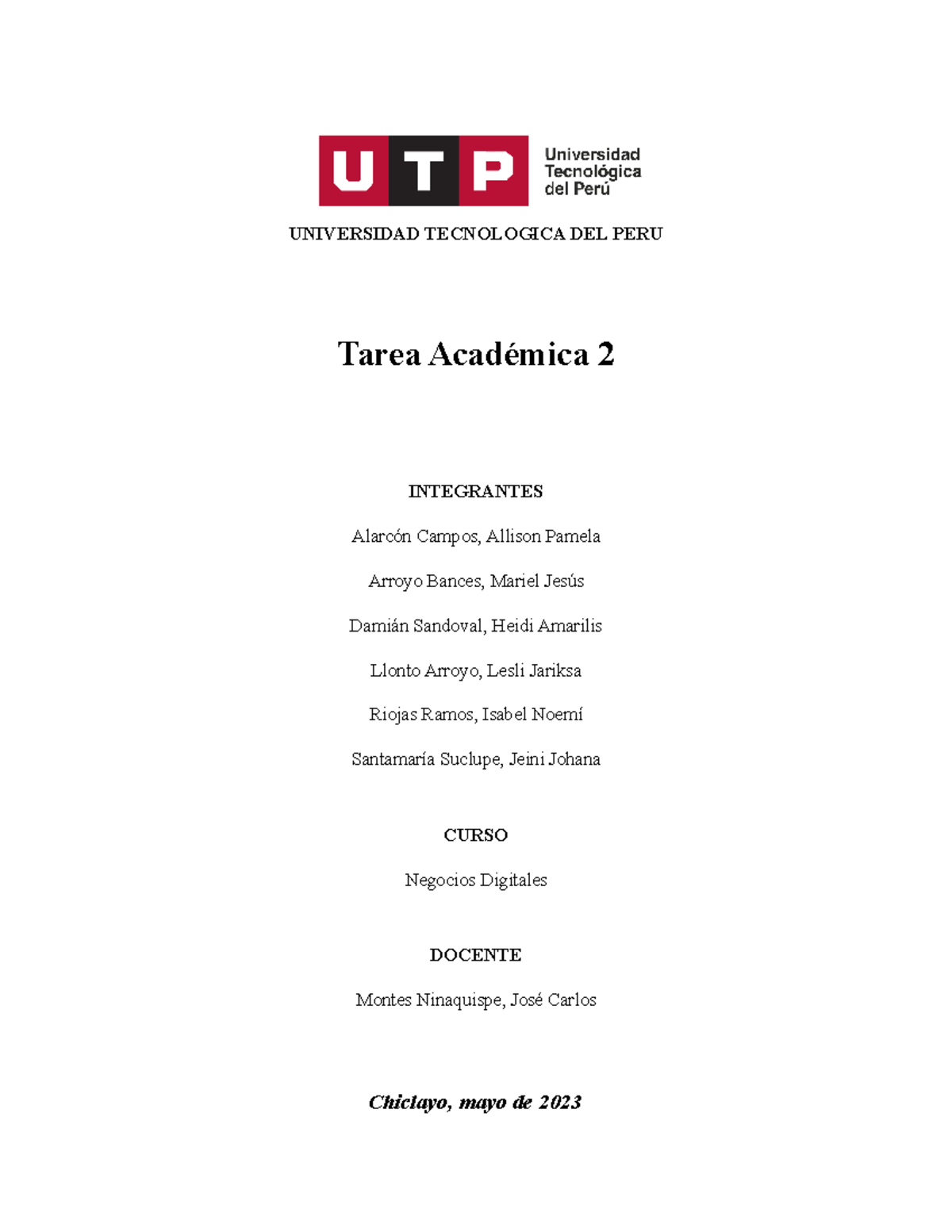Grupo 9 TA2 - UNIVERSIDAD TECNOLOGICA DEL PERU Tarea Académica 2 ...