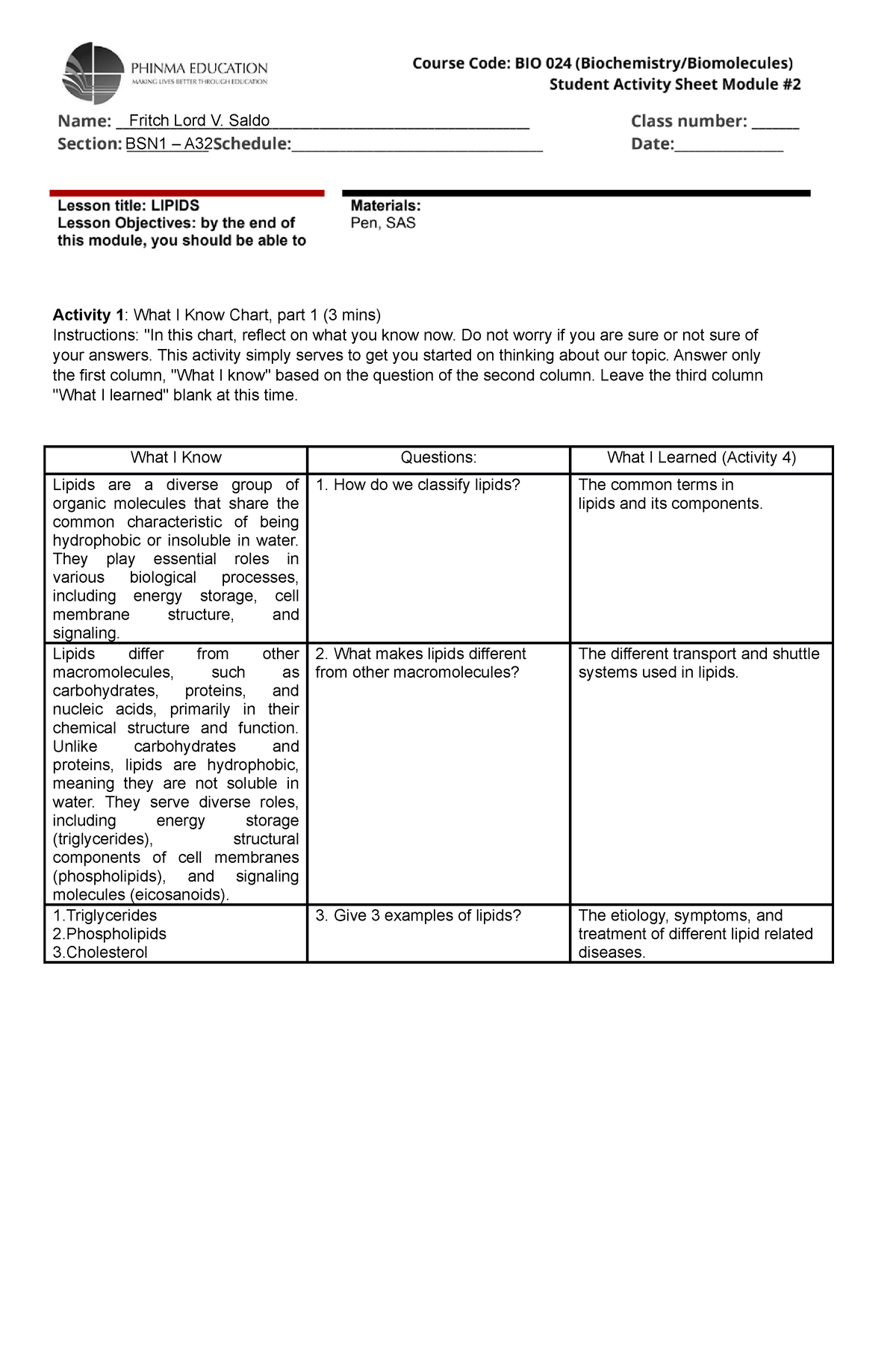 Saldo - Biochem LAS 2 - asd - Activity 1: What I Know Chart, part 1 (3 ...