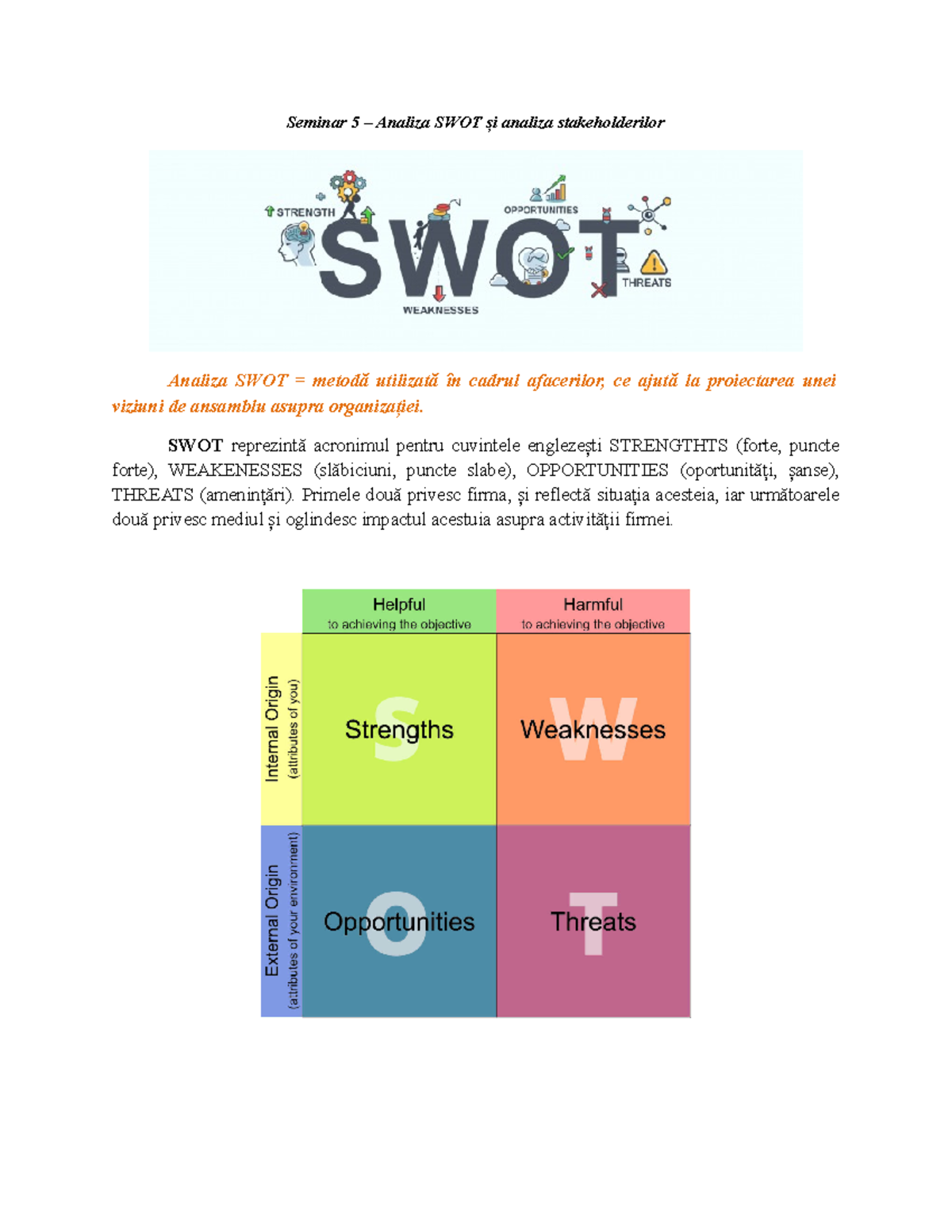 Seminar 5 - Aplicație 1. Analiza SWOT și analiza stakeholderilor ...