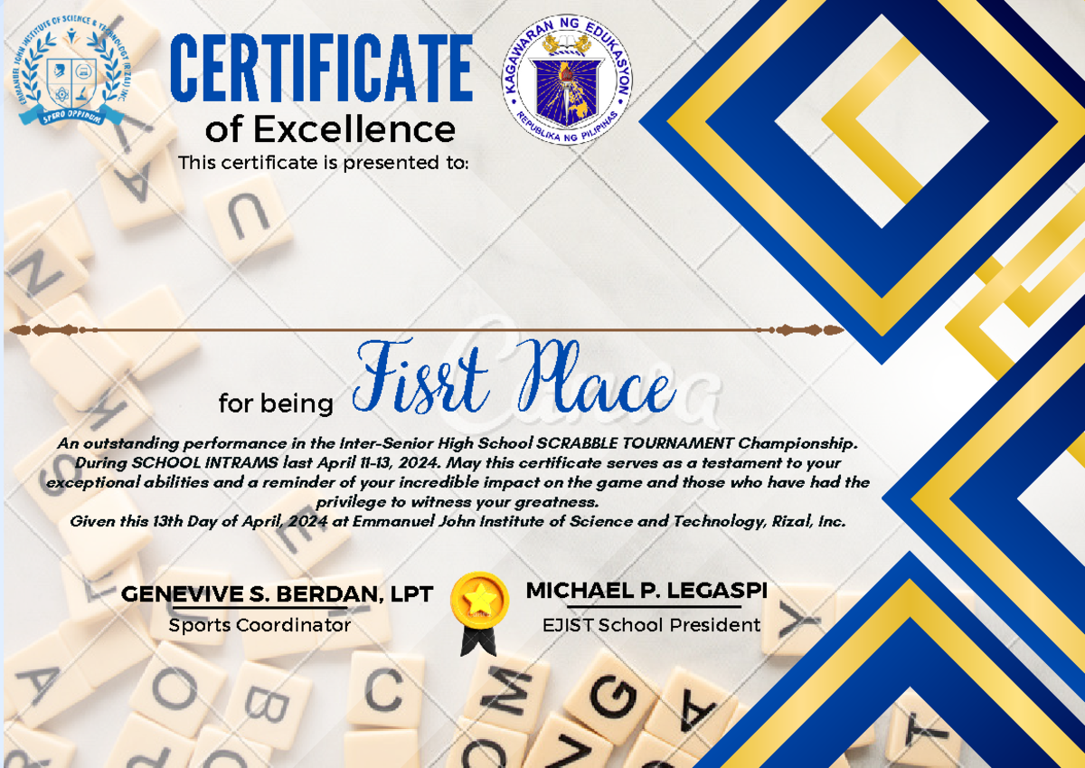 Scrabble Certificate - Fisrt Place CERTIFICATE of Excellence This ...