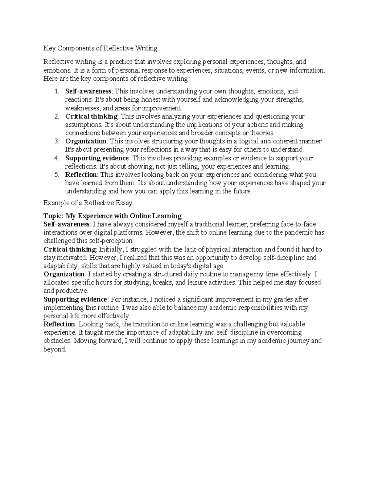 Key Components of Reflective Writing Assignment Activity Unit 5 - Key ...