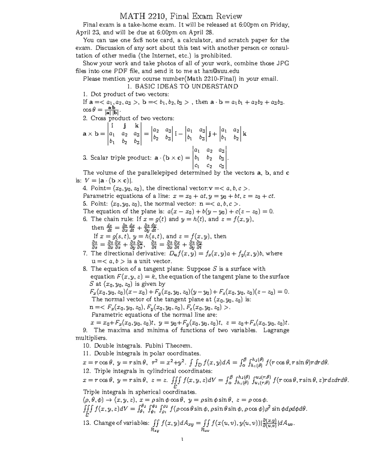 Math 2210 Final Exam Review - MATH 2210, Final Exam Review Final exam ...