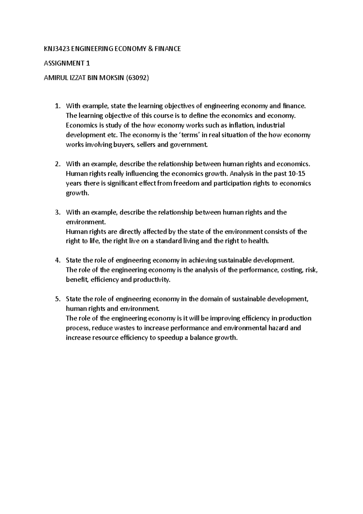 Assignment 1 - Engineering Economy & Finance - KNJ3423 ENGINEERING ...