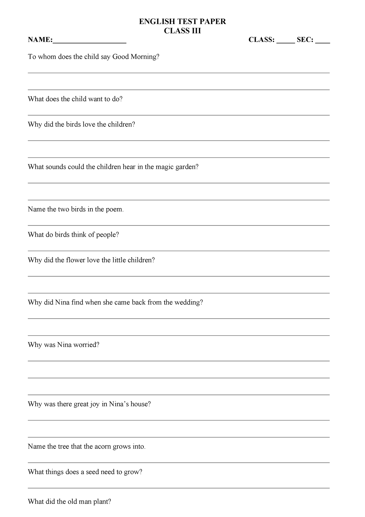 English worksheet question and answer class iii 21 09 2013 - ENGLISH ...