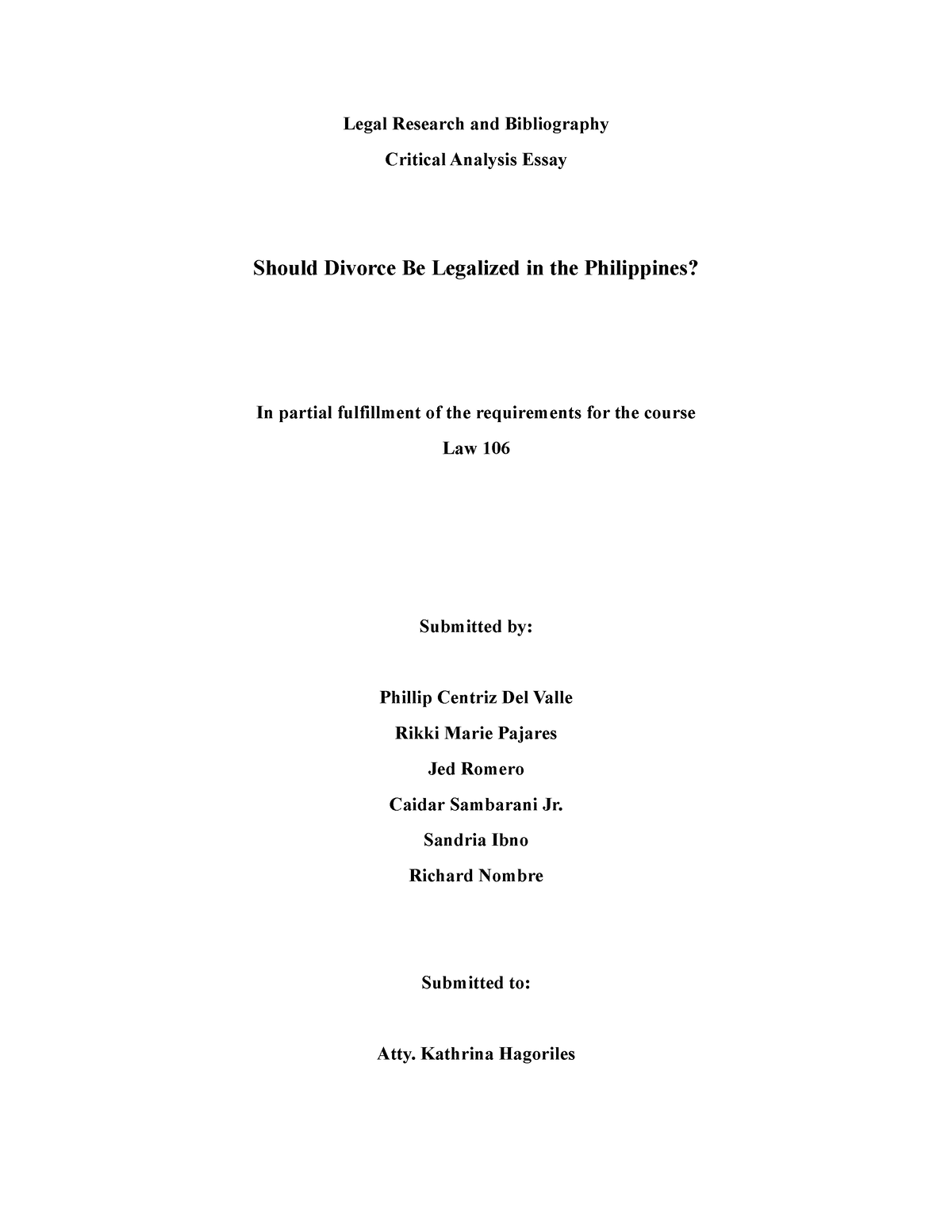 Position Paper Divorce In The Philippines