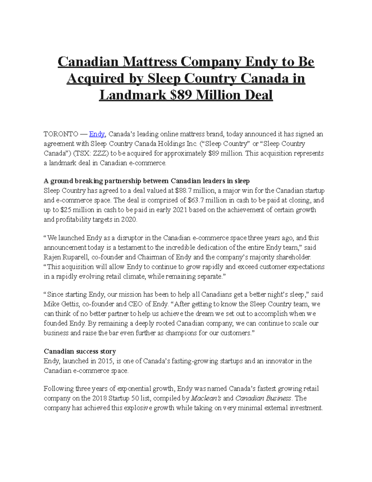 Endy Case Study Article Canadian Mattress Company Endy to Be Acquired