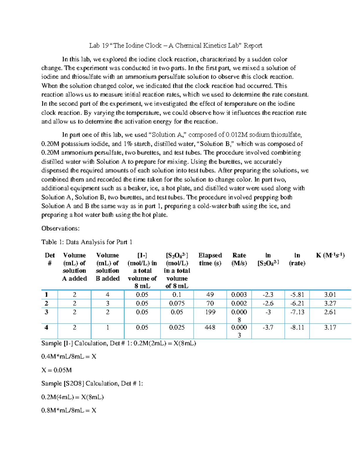 Lab 19 Report Copy Lab 19 “The Iodine Clock A Chemical