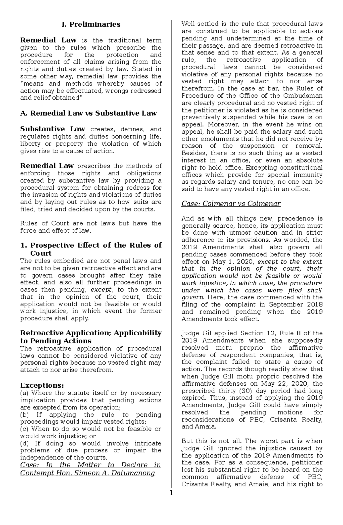 Civil Procedure Outline - I. Preliminaries Remedial Law is the ...