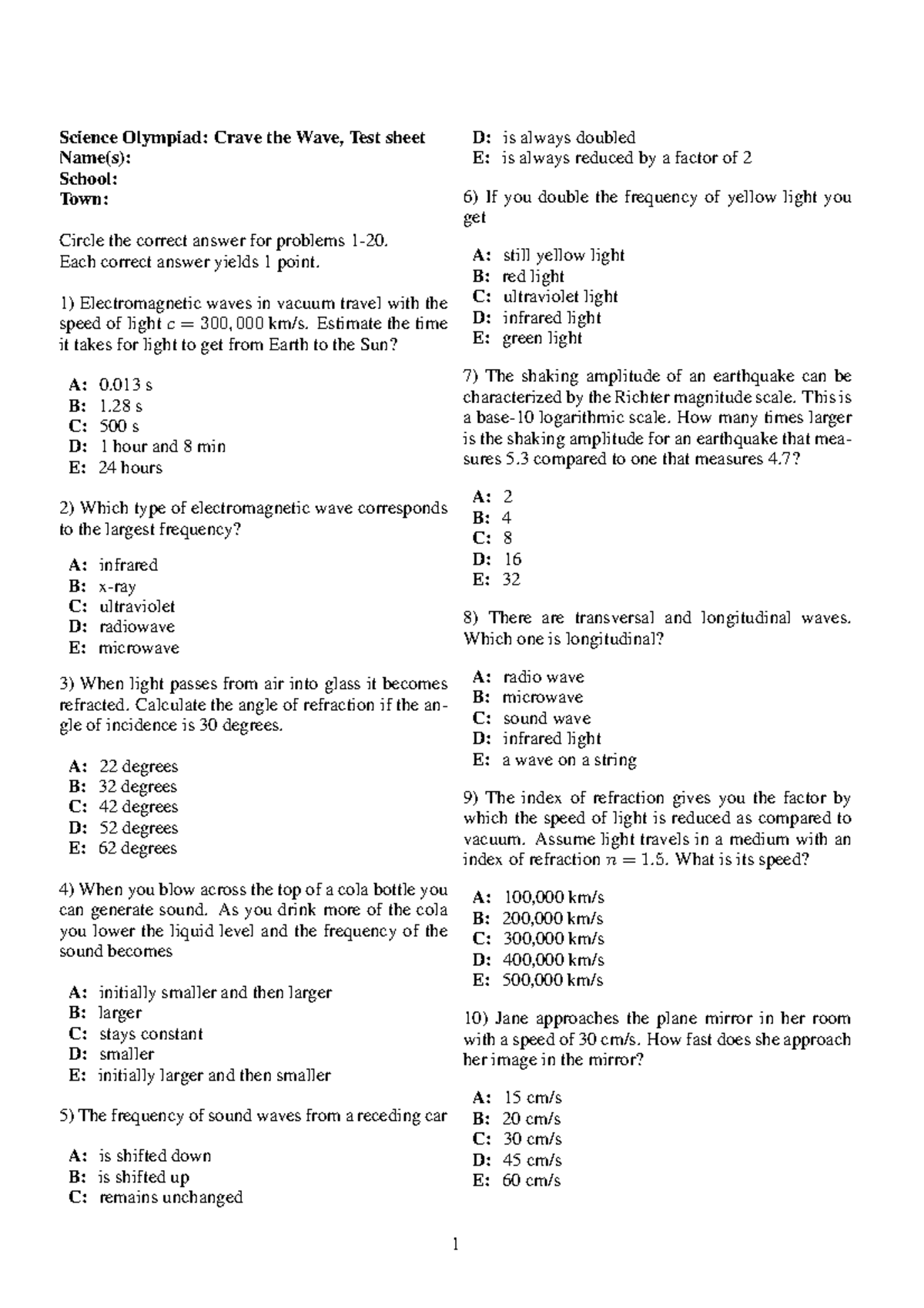 SO09-wavetest 1 - asd - Science Olympiad: Crave the Wave, Test sheet Name(s): School: Town ...