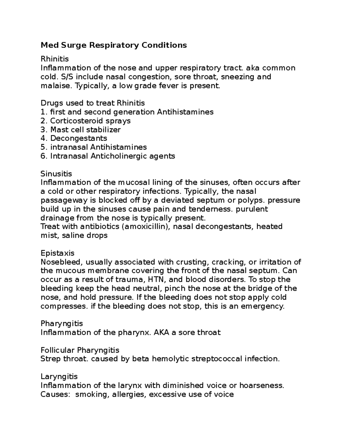 Med Surge Respiratory Conditions - Med Surge Respiratory Conditions 