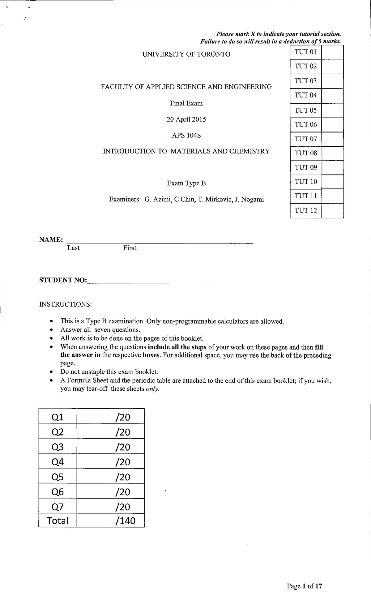 Exam 20 April 2015, questions - Final Exam - Please mark X to indicate ...