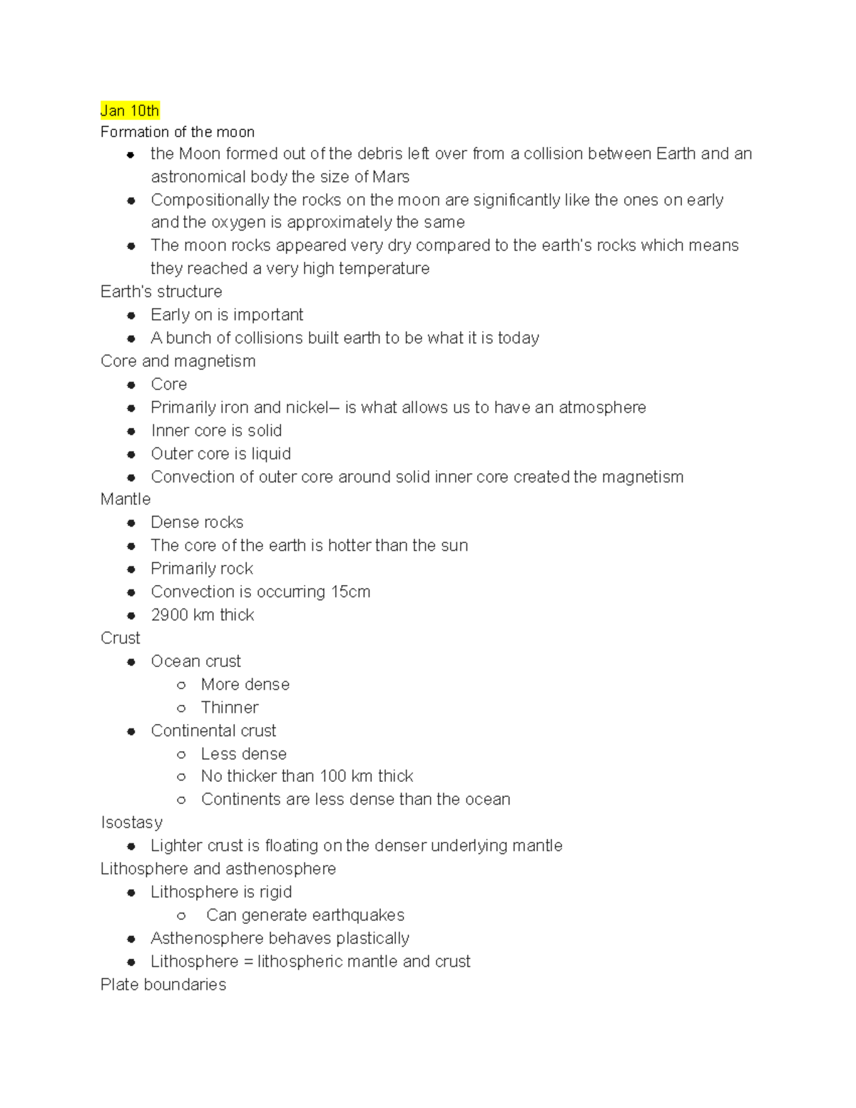 Geo 1030 Notes - Jan 10th Formation of the moon the Moon formed out of ...