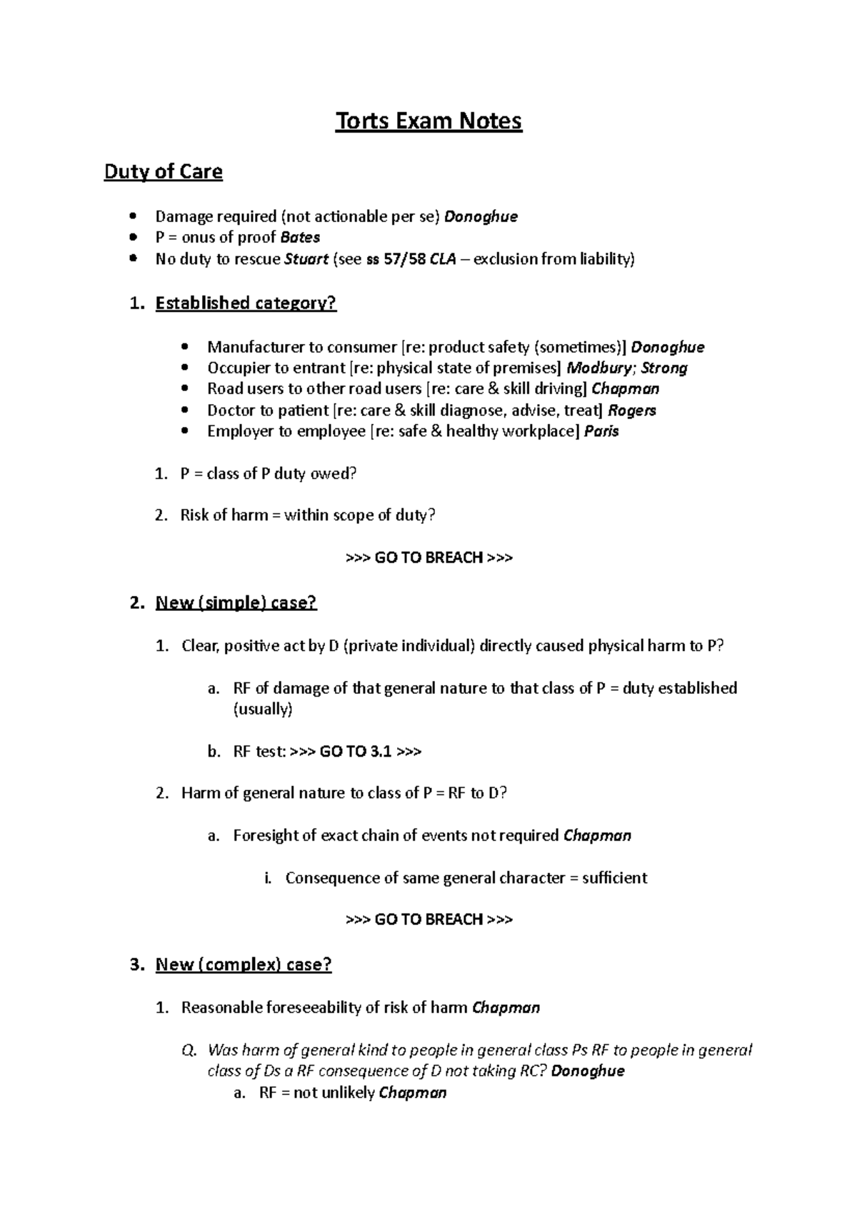 Torts Negligence Exam Notes - Torts Exam Notes Duty of Care Damage ...