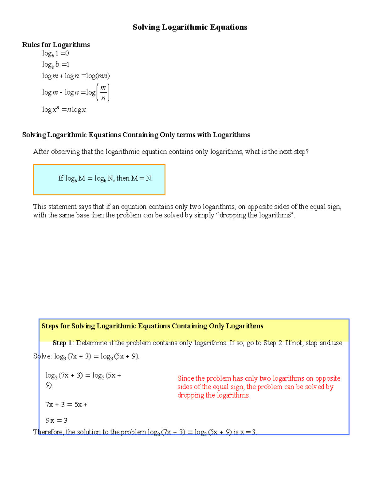 Log Equations - Solving Logarithmic Equations Rules for Logarithms log ...