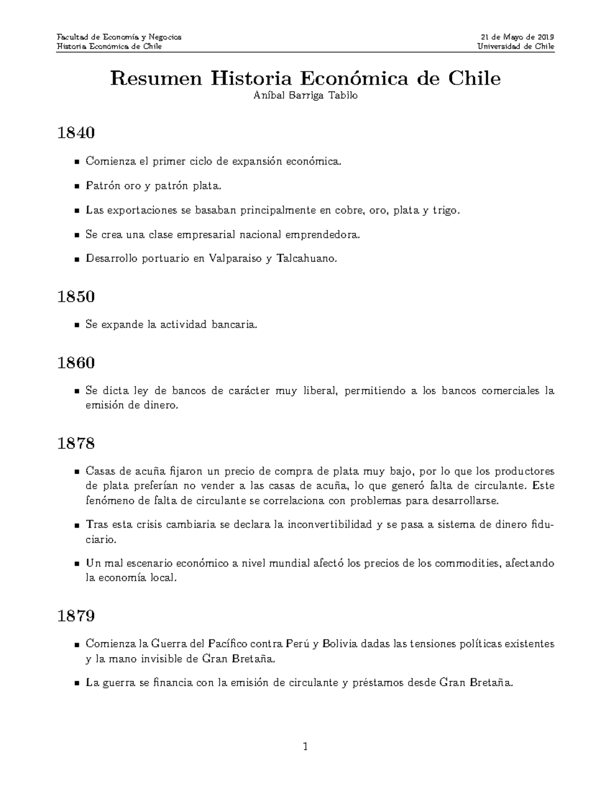 Resumen Historia Económica de Chile Facultad de Economía y Negocios