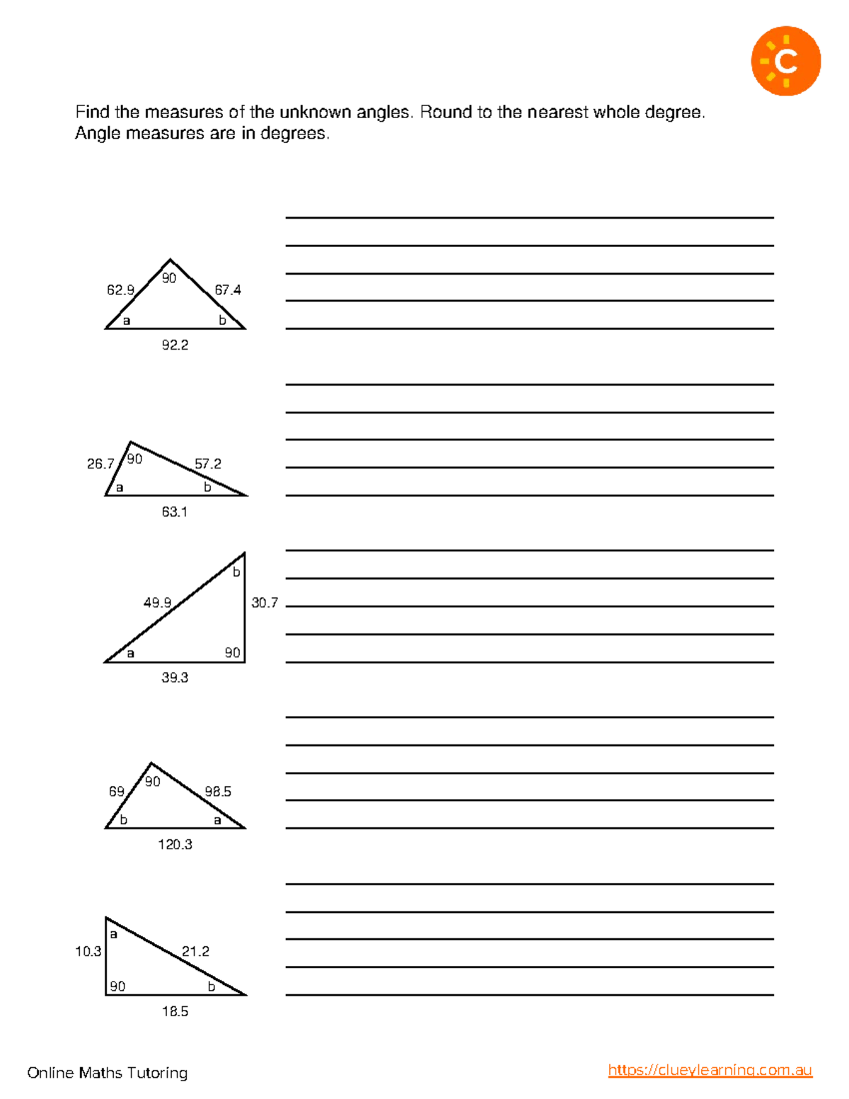 Angles worksheet - 67. 92. 62 90 b 57. 63. 26 90 b 30. 39. 49. a b 90 ...