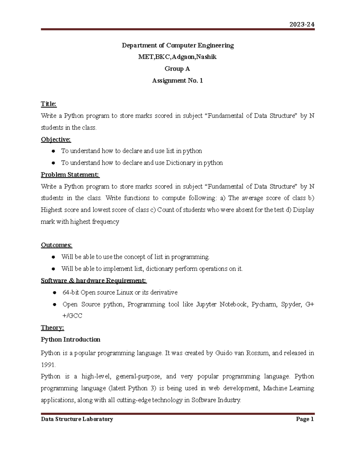 Assignment 02 FDS - Department of Computer Engineering MET,BKC,Adgaon ...