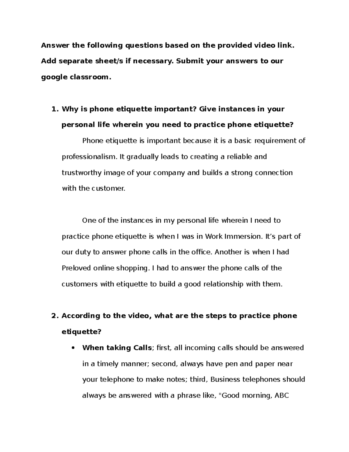 English Activity Telephone Etiquette Answer the following questions
