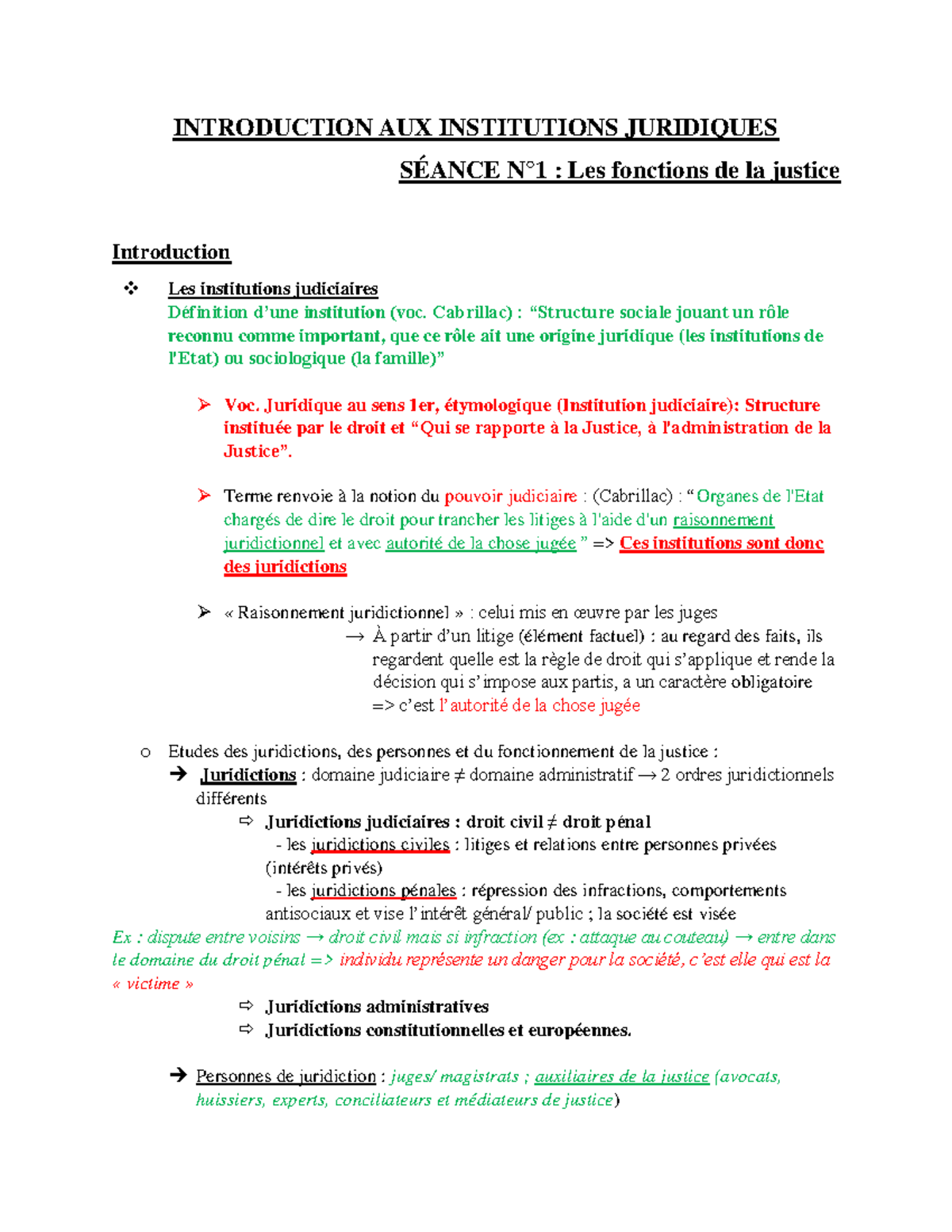 Séance 1 - Notes Sur Les Institutions Judiciaires L1 - INTRODUCTION AUX ...