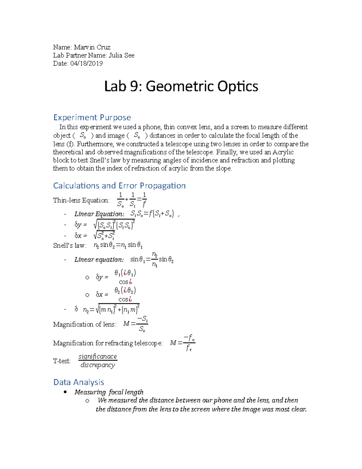 Cruz B9 Lab9 Note - Physics II Lab 9 Note - Name: Marvin Cruz Lab ...