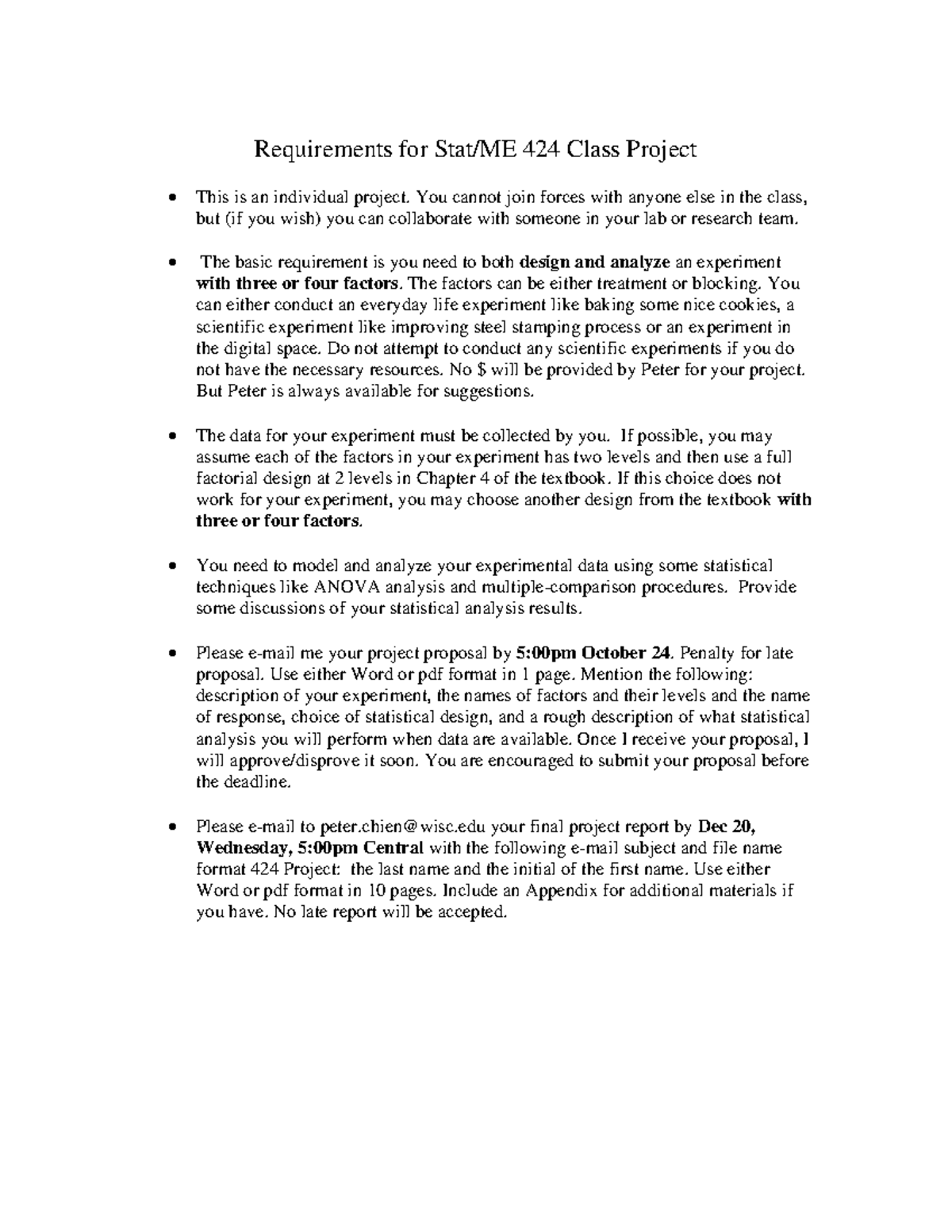 Project requirements - Requirements for Stat/ME 424 Class Project This ...