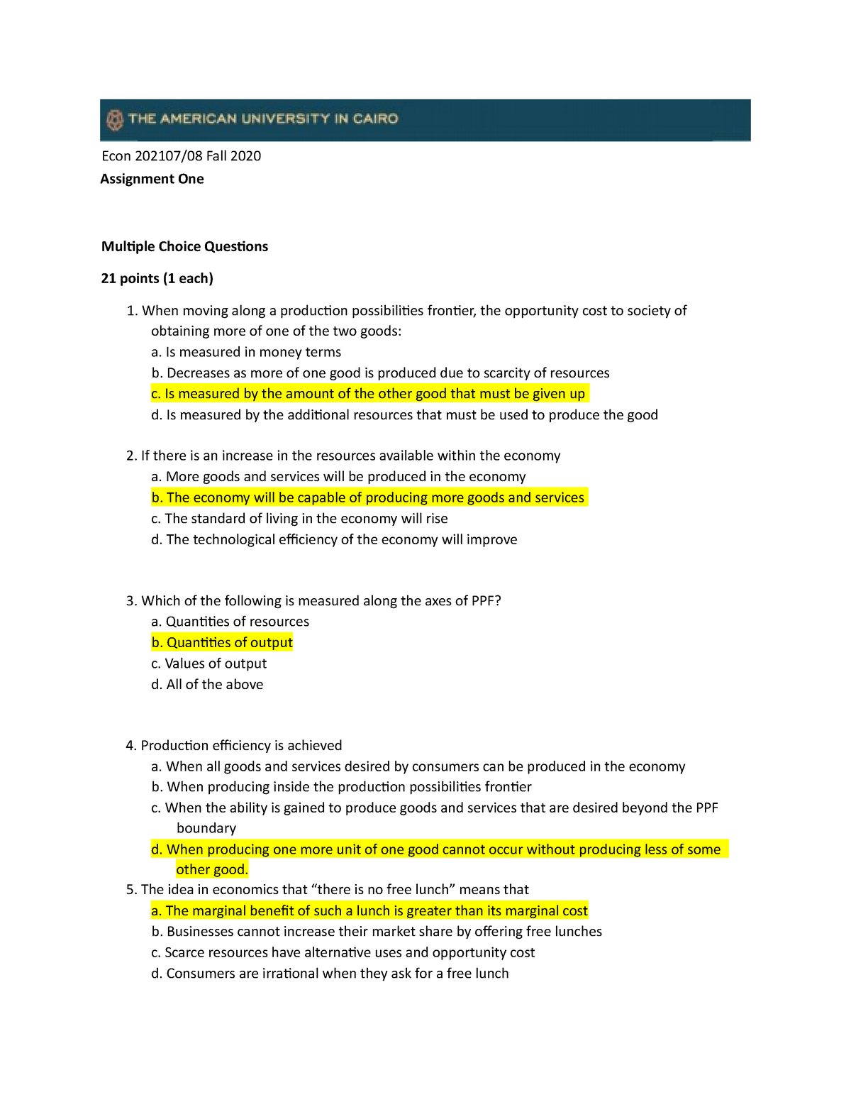 Assignment 1 - Econ 202107/08 Fall 2020 Assignment One Multiple Choice ...