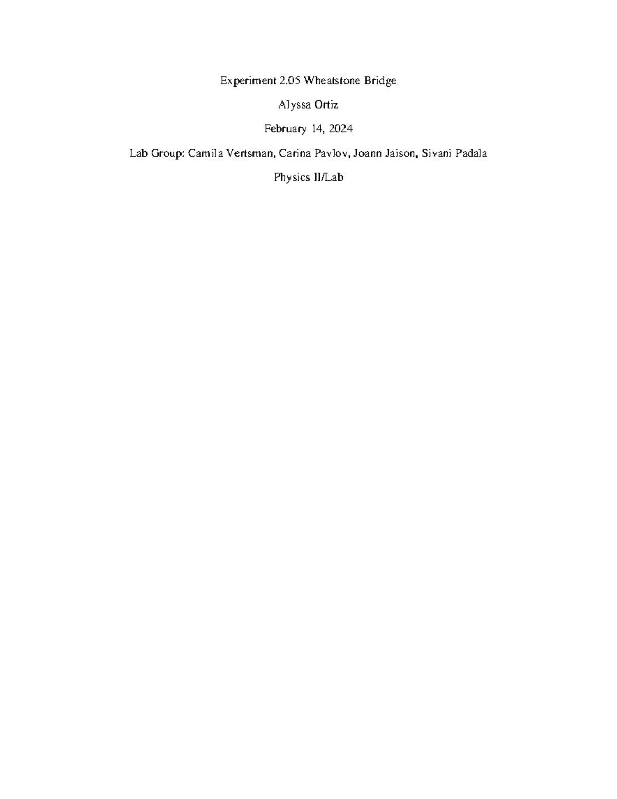 Experiment 5 wheatstone bridge - Experiment 2 Wheatstone Bridge Alyssa ...