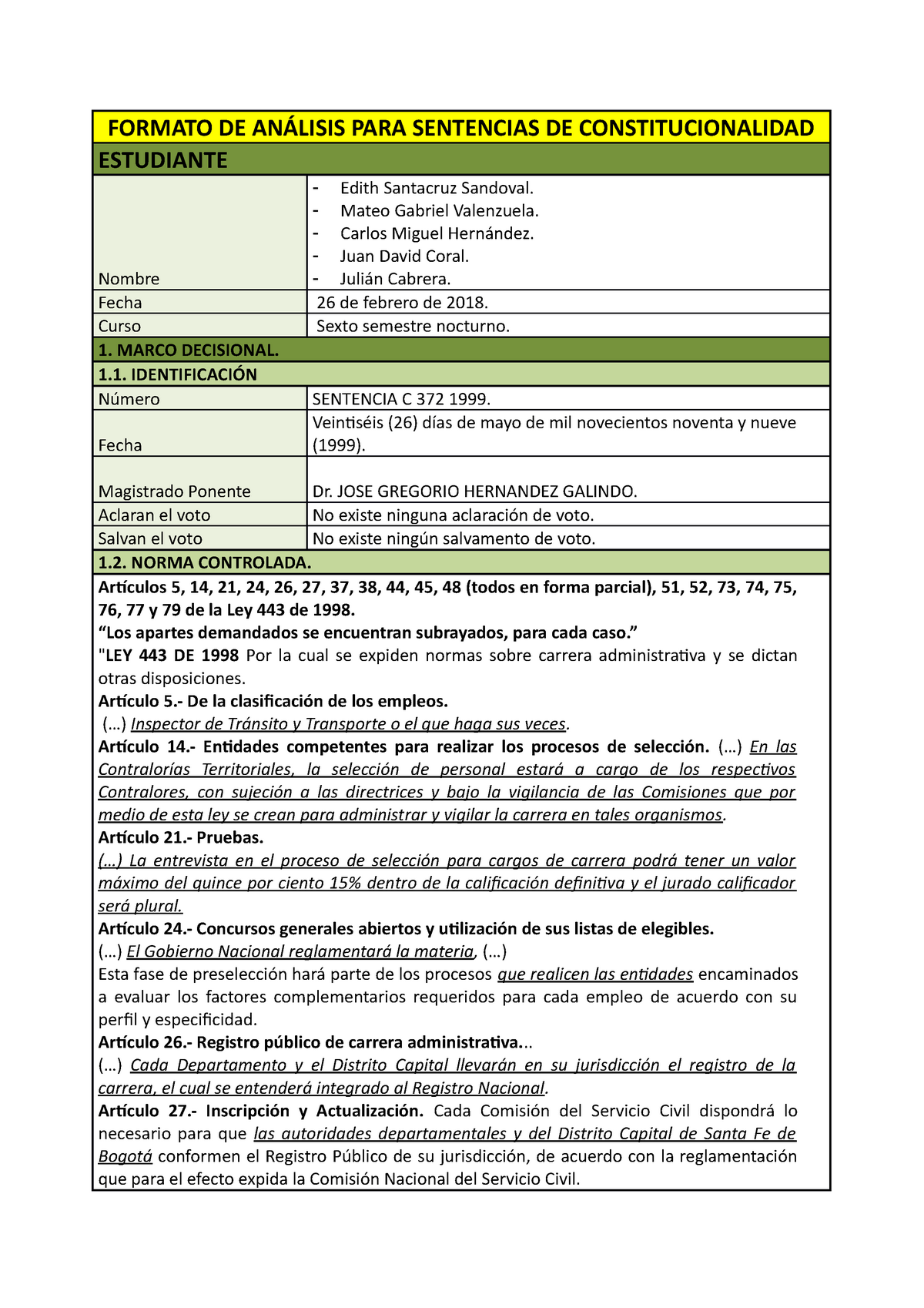 Ficha Jurisprudencial Sentencia C 372 1999 Formato De AnÁlisis Para